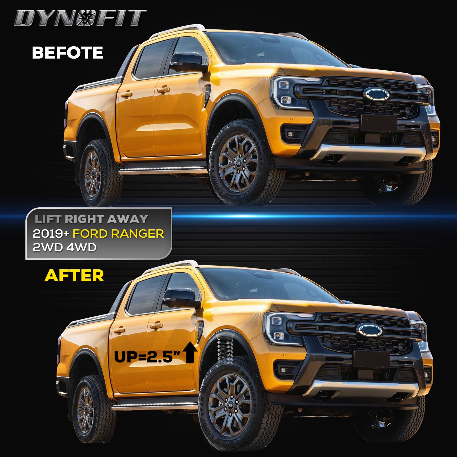 Dynofit 2.5 In Front Leveling Lift Kits for 2019+ Ford Ranger 2WD 4WD, Raise 2.5" Front Strut Spacer Suspension Leveling Kits Lift Spacers