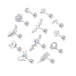 fasacco 12pcs 18g stainless steel barbell helix cartilage stud earrings cz leaf dragonfly flower wing moon star forward helix tragus daith conch piercing jewelry for women men silver tone