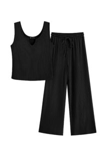 prettygarden womens summer casual two piece outfits sweatsuits tank scoop neck ribbed knit long pants tracksuits(black, medium)