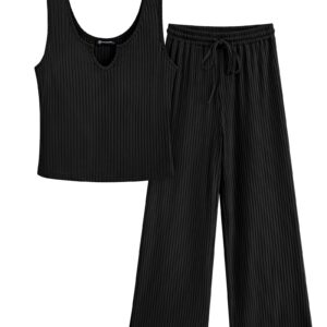 PRETTYGARDEN Womens Summer Casual Two Piece Outfits Sweatsuits Tank Scoop Neck Ribbed Knit Long Pants Tracksuits(Black, Medium)