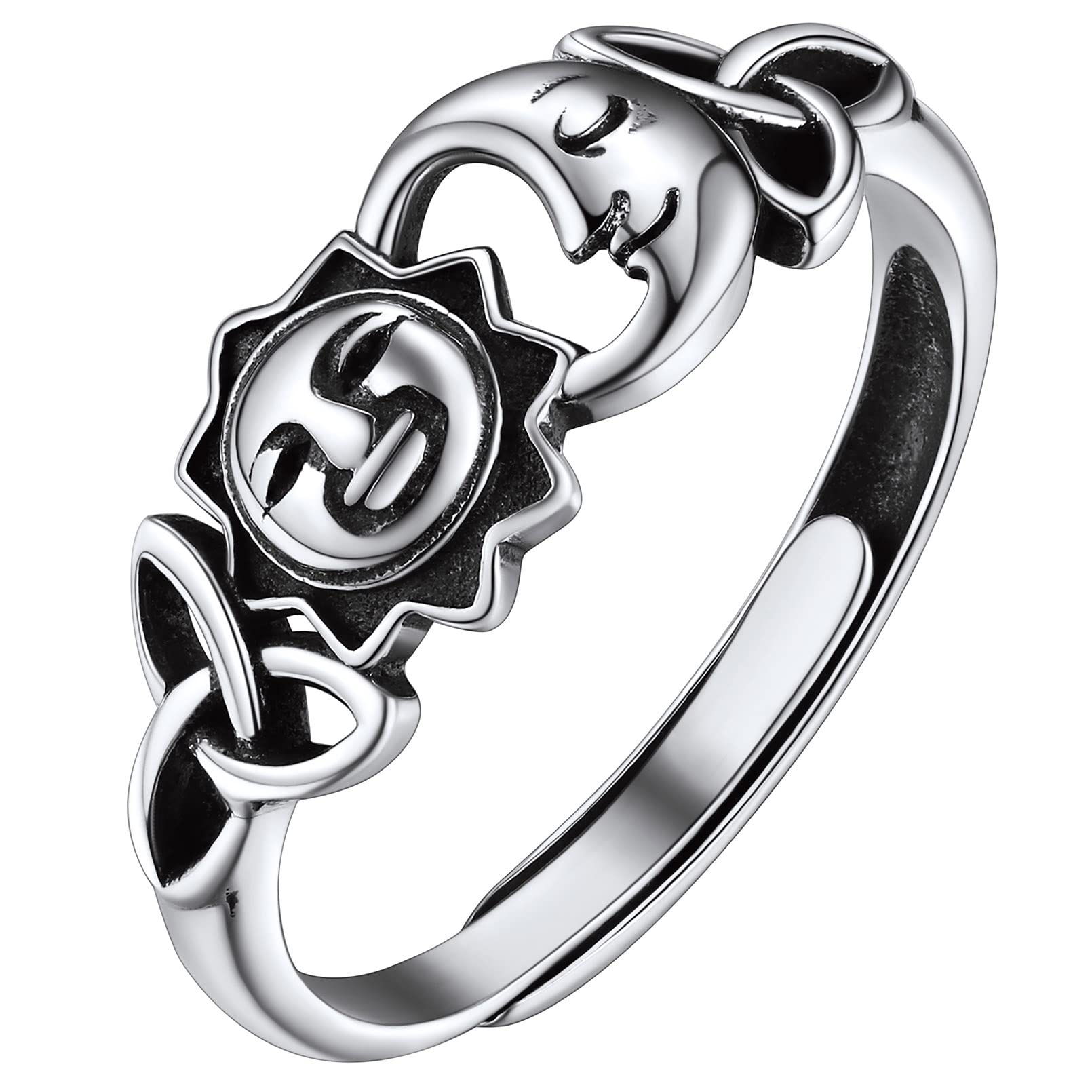 FaithHeart Sterling Silver Open Rings Women Celtic Sun and Moon Antiqued Polished Stacking Finger Ring Charms