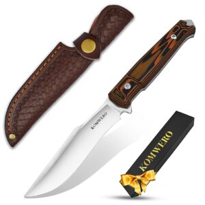 KOMWERO Fixed Blade Knife, Full Tang Hunting Knives with Sharp 4.33" D2 Steel Blade, Glass Breaker, G10 Handle, Leather Sheath for Survival Camping Outdoor