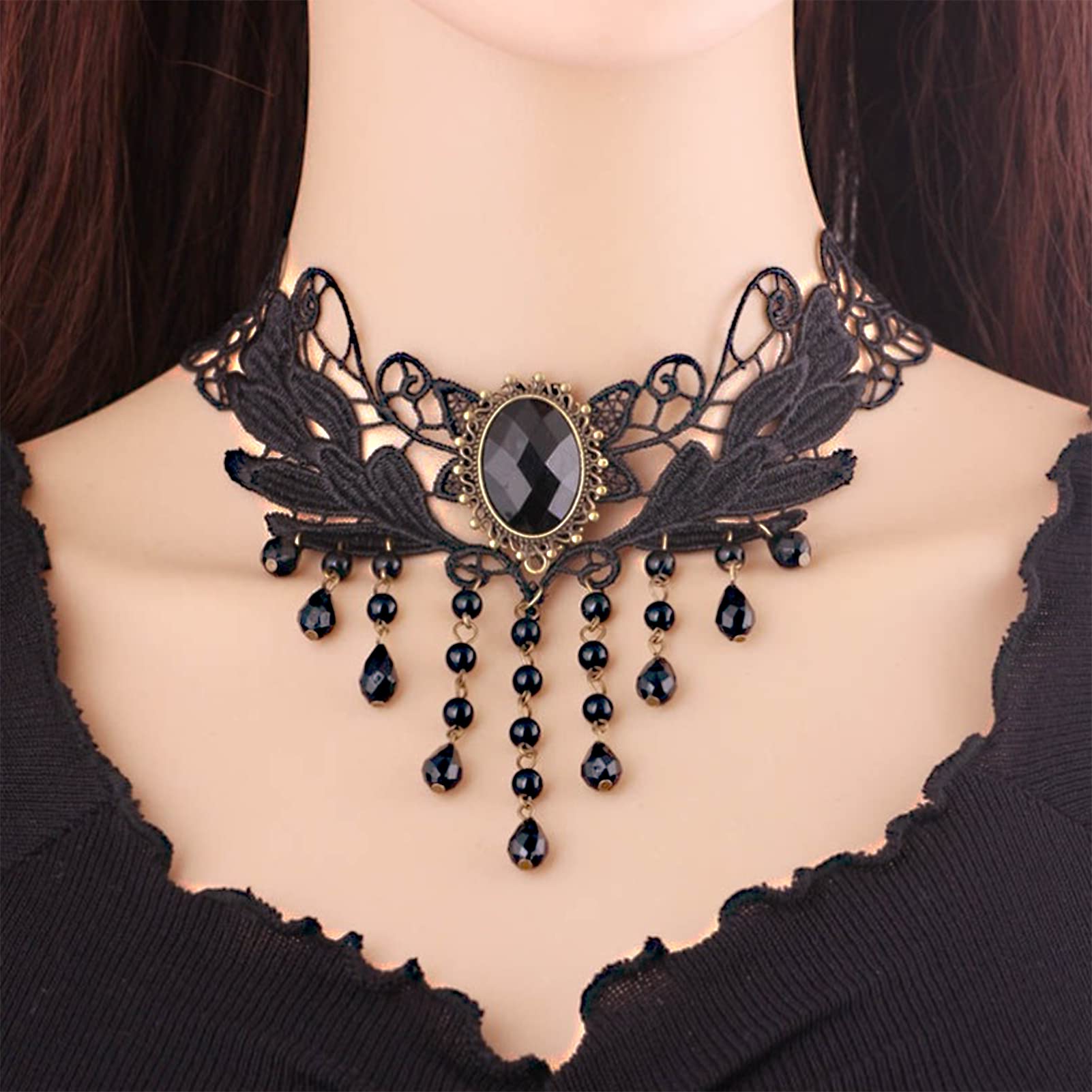 Faccubee 5 Pieces/Set Halloween Sexy Jewelry Women Lady Girl Elegant Goth Gothic Steampunk Lace Choker Necklace Black Neck Chain Collar Statement with pendant Victorian Wedding Party Cosplay