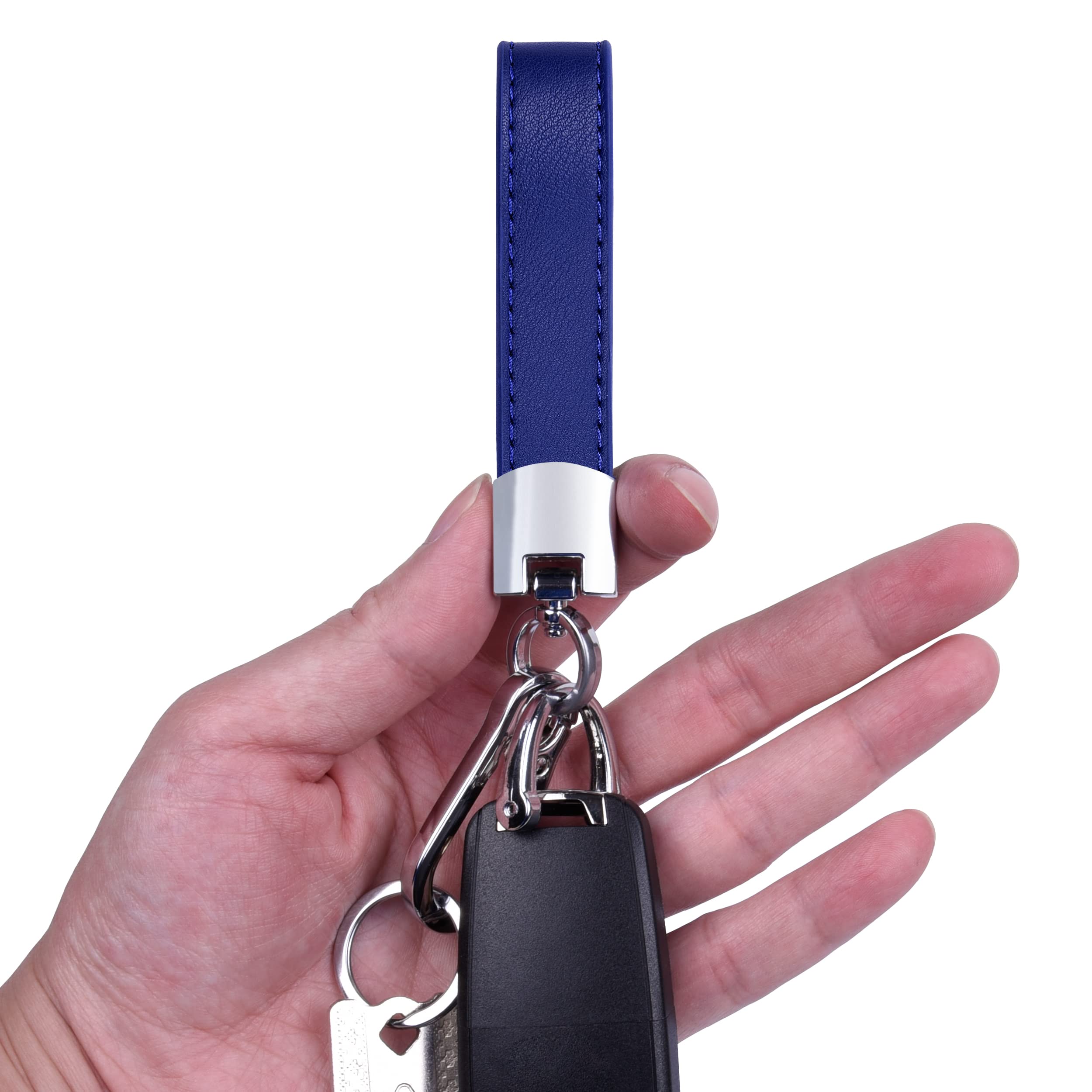 Wisdompro Genuine Leather Car Keychain, Universal Key Fob Keychain Leather Key Chain Holder for Men and Women, 360 Degree Rotatable, with Anti-lost D-ring, 3 Keyrings - Blue (Silver Carabiner Clip)