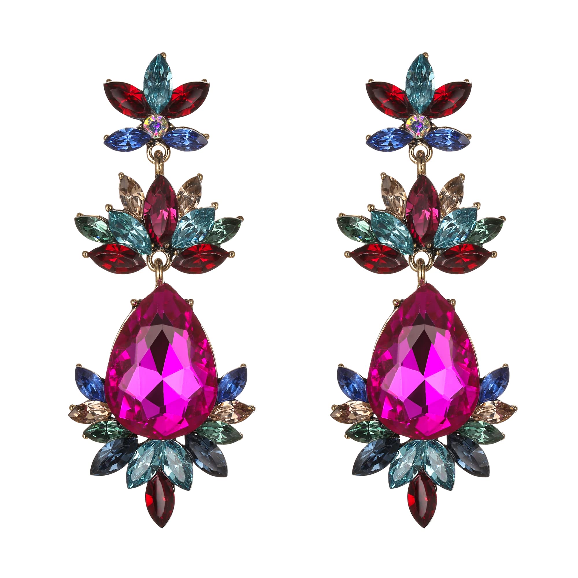 BriLove Art Deco Vintage Inspired Rhinestone Marquise Teardrop Flower Statement Dangle Earrings for Women Multicolor Antique-Gold-Tone