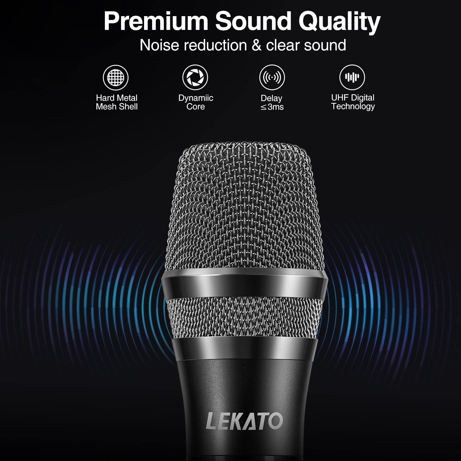 LEKATO Wireless Microphone, UHF Professional Microphones Rechargeable Metal Dual Wireless Microphone Dynamic Microphone System Set with Rechargeable Receiver for Karaoke Singing, Speech, Wedding