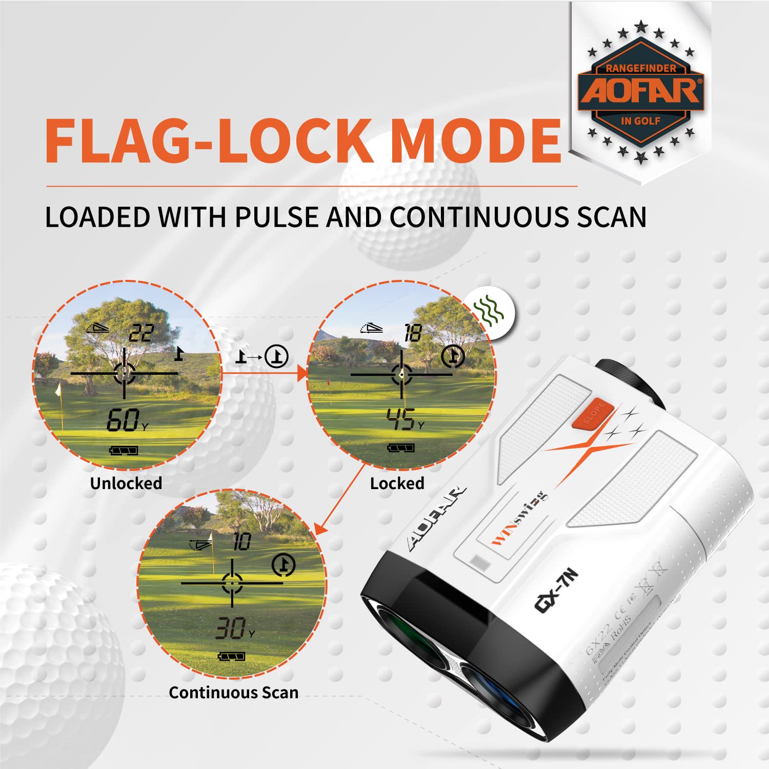 AOFAR GX-7N, High-Precision Golf Rangefinder with Slope Switch, Continuous Scan, Flag-Lock, 800 Yards, Waterproof, Accessories Included, White, Model GX-7N