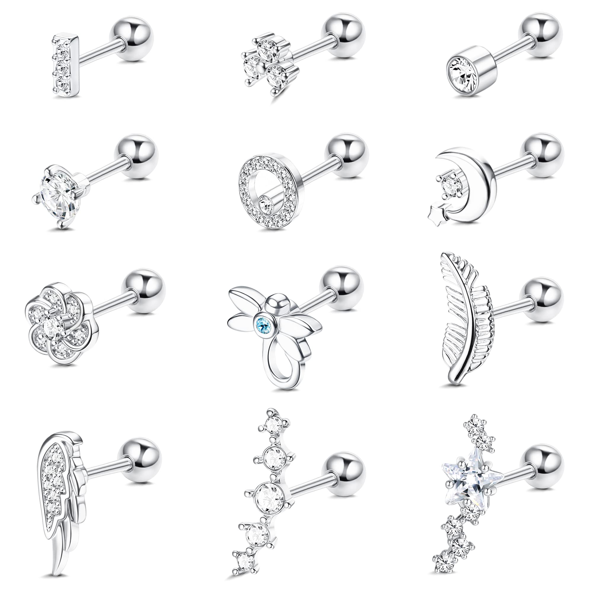 FASACCO 12PCS 18G Stainless Steel Barbell Helix Cartilage Stud Earrings CZ Leaf Dragonfly Flower Wing Moon Star Forward Helix Tragus Daith Conch Piercing Jewelry for Women Men Silver Tone