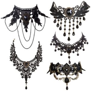 faccubee 5 pieces/set halloween sexy jewelry women lady girl elegant goth gothic steampunk lace choker necklace black neck chain collar statement with pendant victorian wedding party cosplay