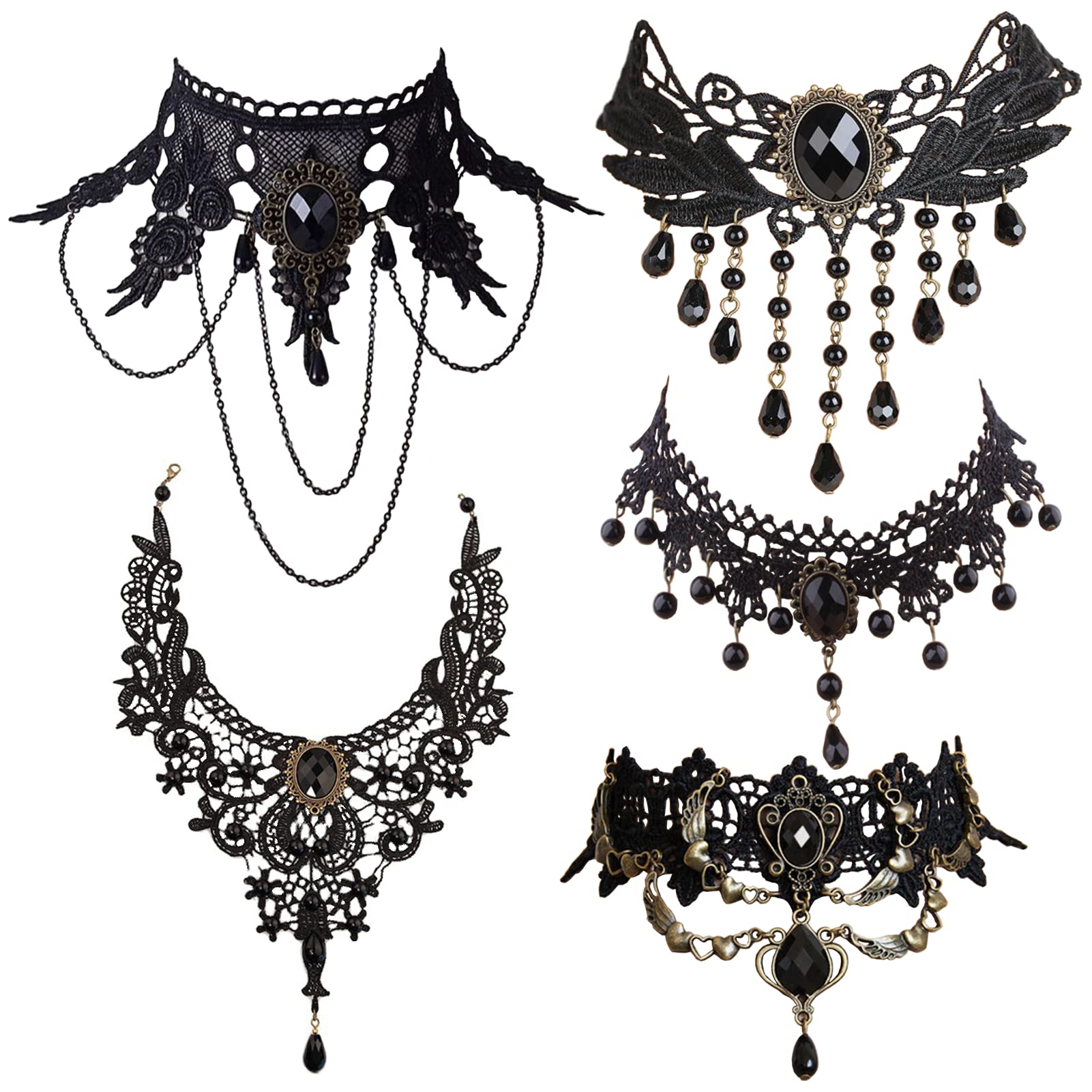 Faccubee 5 Pieces/Set Halloween Sexy Jewelry Women Lady Girl Elegant Goth Gothic Steampunk Lace Choker Necklace Black Neck Chain Collar Statement with pendant Victorian Wedding Party Cosplay