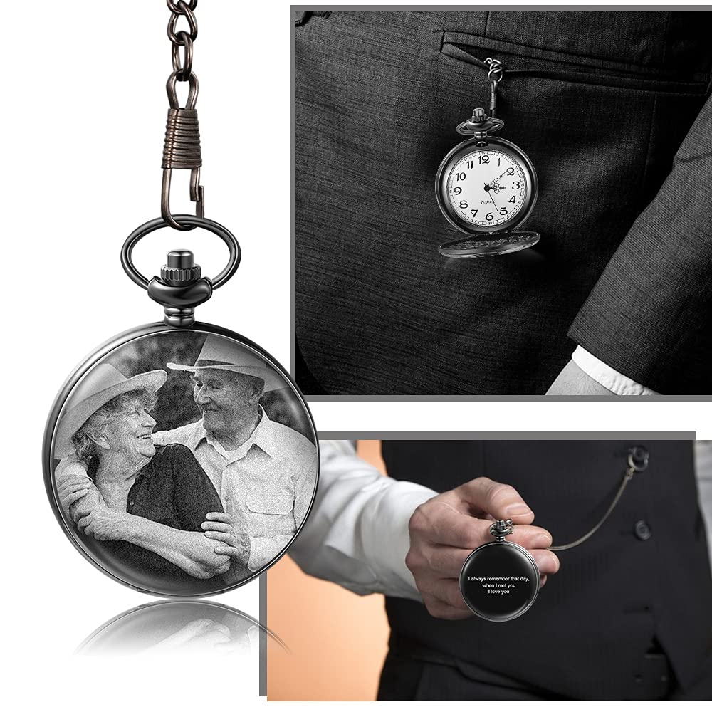 REMFACIO Personalized Pocket Watches for Men Custom Photos Pocket Watch Engraved Name Pocket Watch Dad Son Gifts for Fathers Day Birthday Gifts (Black 2)