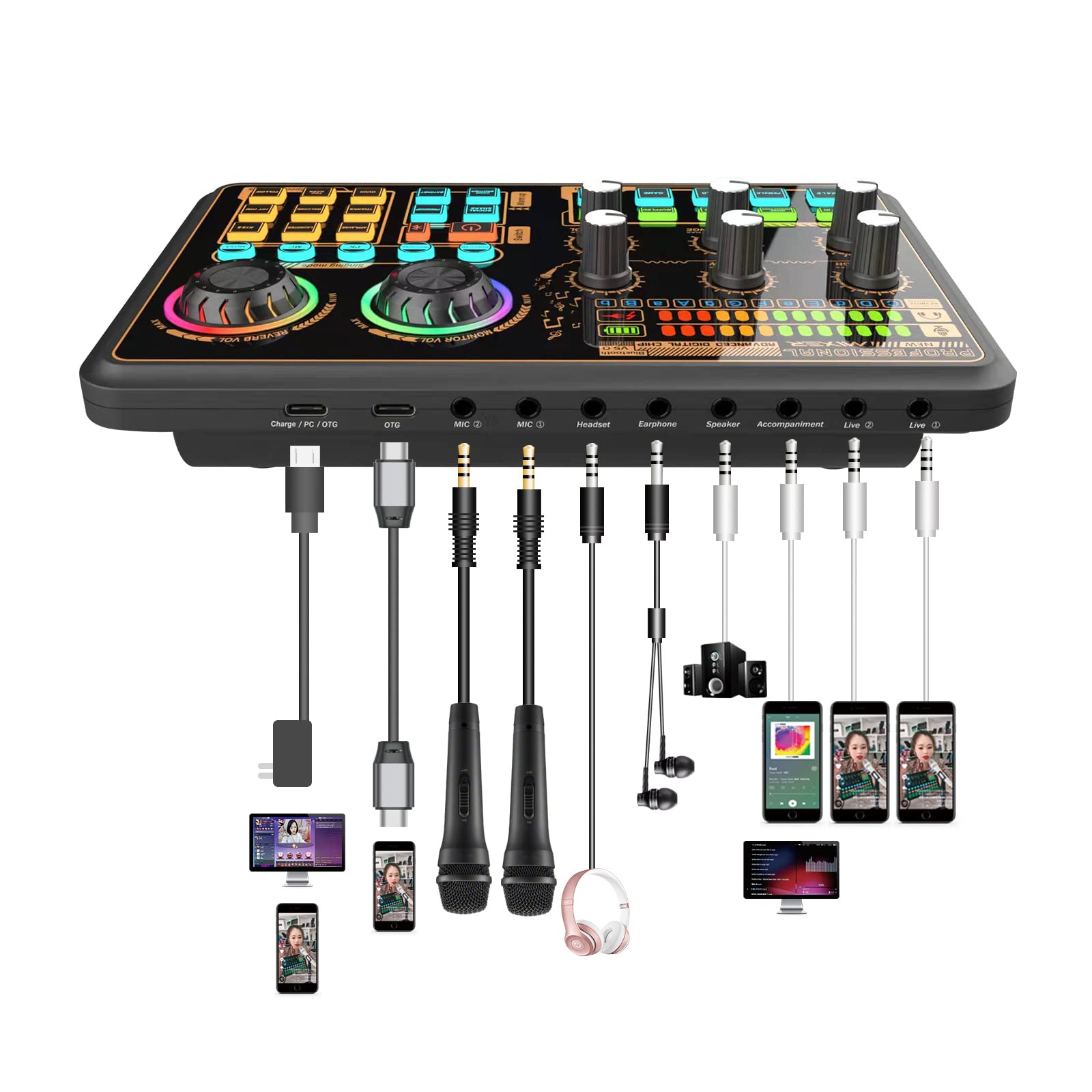 Hosabely Sound Effects Board, Audio Interface with Voice Changer and LED Lights, Live Sound Board for PC Phone Microphone, Audio Mixer for Karaoke, Streaming, Recording, Gaming