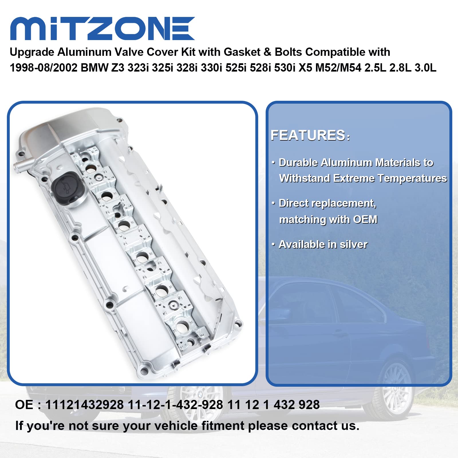 MITZONE Upgrade Aluminum Valve Cover Kit Compatible with 1998-08/2002 BMW Z3 323i 325i 328i 330i 525i 528i 530i X5 M52 M54 2.5L 2.8L 3.0L Part 11121432928