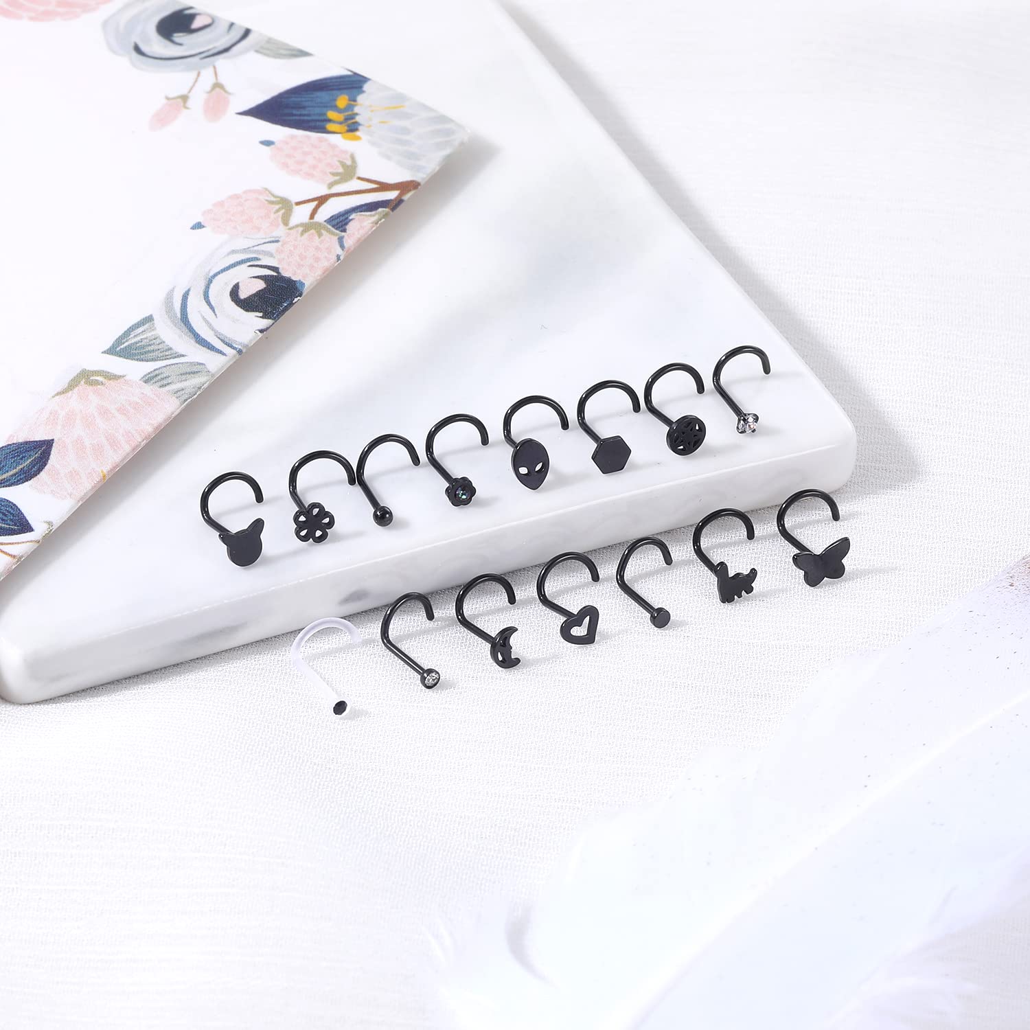 ZS 15Pcs Nose Rings for Women - 20G Stainless Steel L Shape Screw Nose Piercings Jewelry Black Nose Studs Rings (Black,Corkscrew)