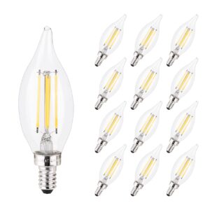 e12 candelabra bulb 60 watt, dimmable led bulbs filament candle light bulbs 600lm 2700k soft warm white light clear glass chandelier edision bulbs, ul listed, flame tip style, 12 pack