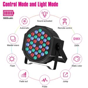 Rechargeable Par Lights 36W RGB Battery Powered, Wireless LED Par Lights DJ Uplights Sound Activated Remote Control for Wedding Events Club Party Church Stage Lighting