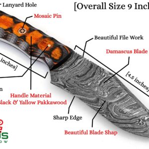 Handmade Damascus Hunting Knife with Beautiful Pakkawood Handle for Survival and Camping 9 Inch Fixed Blade Damascus Steel Knife with Sheath for Men