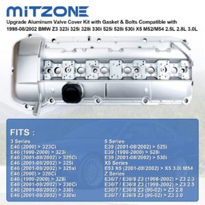 MITZONE Upgrade Aluminum Valve Cover Kit Compatible with 1998-08/2002 BMW Z3 323i 325i 328i 330i 525i 528i 530i X5 M52 M54 2.5L 2.8L 3.0L Part 11121432928