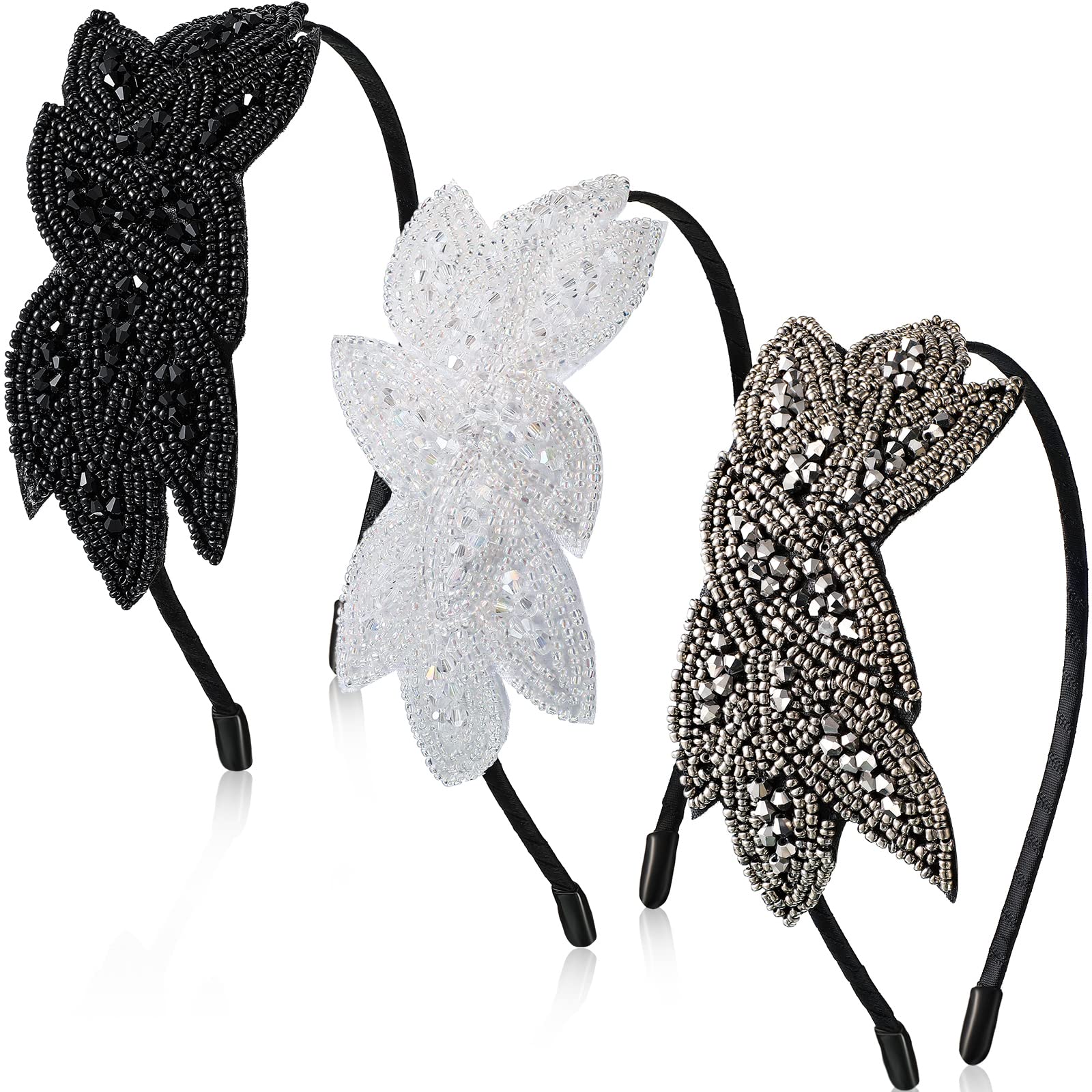 Jutom Flapper Headband 1920s Headbands for Women 3 Pieces Black Headpiece Beaded Leaf 1920s Accessories (Silver, White, Black)