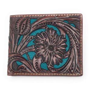 Western Genuine Tooled Leather Laser Cut Men's Bifold Short Wallet in 8 Colors (Coffee/Turquoise)