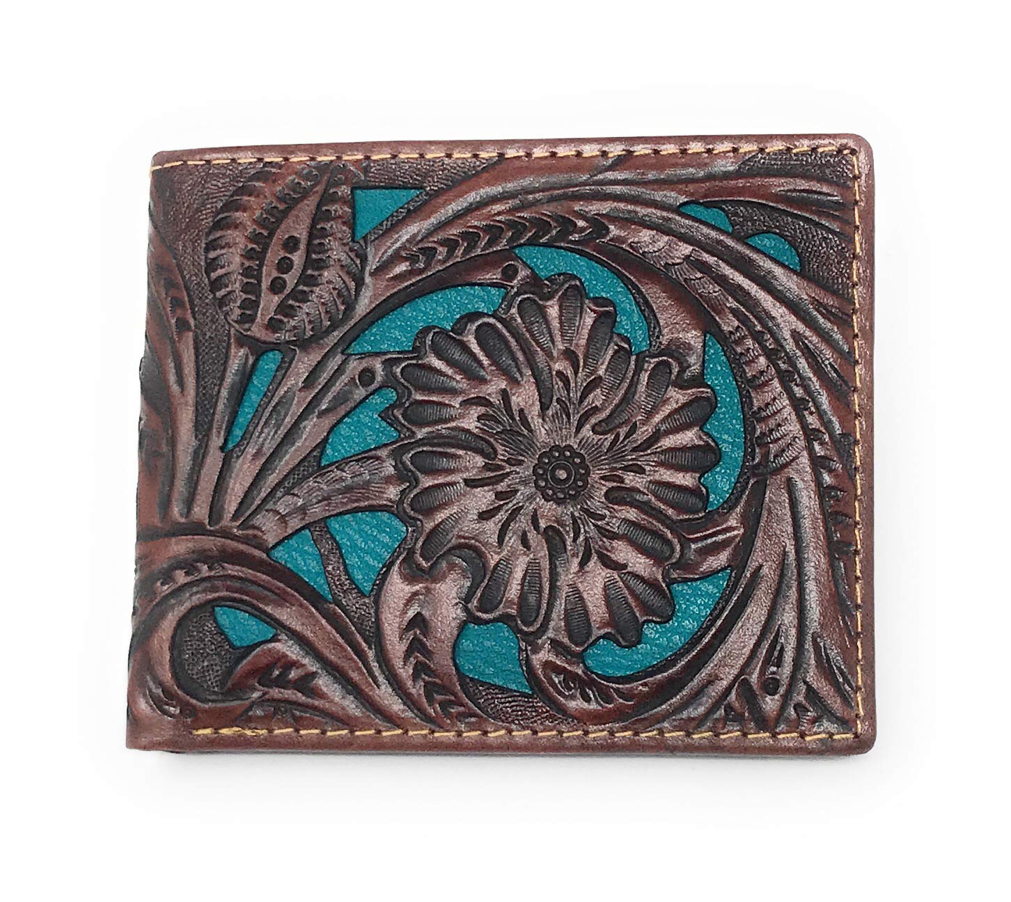 Western Genuine Tooled Leather Laser Cut Men's Bifold Short Wallet in 8 Colors (Coffee/Turquoise)