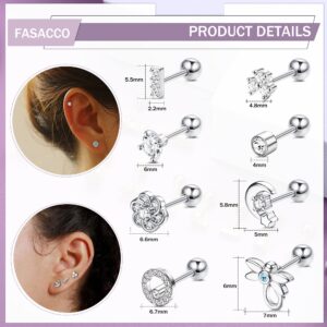 FASACCO 12PCS 18G Stainless Steel Barbell Helix Cartilage Stud Earrings CZ Leaf Dragonfly Flower Wing Moon Star Forward Helix Tragus Daith Conch Piercing Jewelry for Women Men Silver Tone