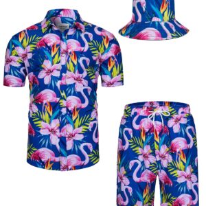 TUNEVUSE Mens Hawaiian Shirts and Shorts Set 2 Pieces Beach Outfits Flamingo Print Summer Tropical Suit with Bucket Hats Blue XX-Large