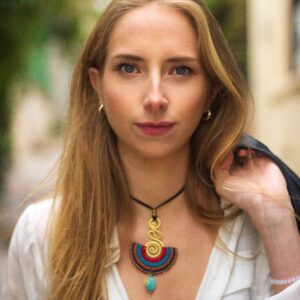 Boho Hippie Necklace for Women, Ethnic Gold Necklace, Handmade with Natural Crystal, Adjustable Length, Pendant Necklace, Aesthetic Jewelry, Women Gift (Red Blue Yellow Navy Blue)