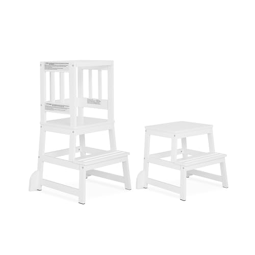 Dream On Me 2-in-1 Funtastic Tower and Step Stool, Easy to Assemble, Multi-Purpose Stool with Non-Toxic Paint Finish, Made of Solid Pinewood, White