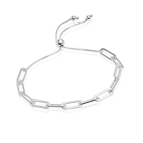 LeCalla 925 Sterling Silver Italian Paperclip Link Chain Sliding Bolo Bracelet for Women