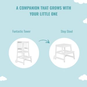 Dream On Me 2-in-1 Funtastic Tower and Step Stool, Easy to Assemble, Multi-Purpose Stool with Non-Toxic Paint Finish, Made of Solid Pinewood, White