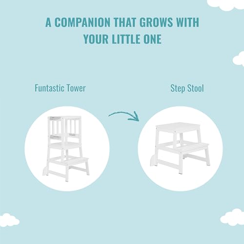 Dream On Me 2-in-1 Funtastic Tower and Step Stool, Easy to Assemble, Multi-Purpose Stool with Non-Toxic Paint Finish, Made of Solid Pinewood, White