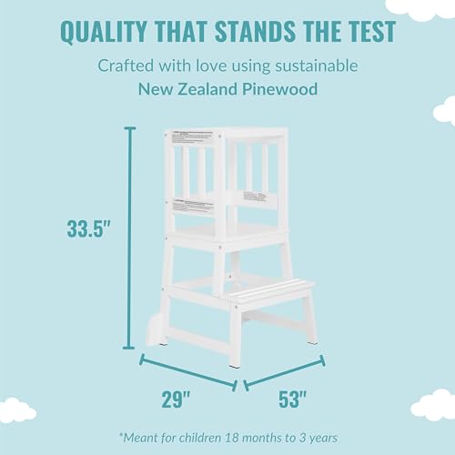 Dream On Me 2-in-1 Funtastic Tower and Step Stool, Easy to Assemble, Multi-Purpose Stool with Non-Toxic Paint Finish, Made of Solid Pinewood, White