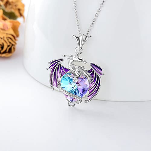 Dragon Necklace Sterling Silver Purple Wyvern Necklace with Heart Shaped Crystal Jewelry Gift for Women