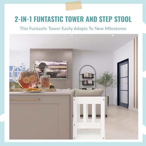 Dream On Me 2-in-1 Funtastic Tower and Step Stool, Easy to Assemble, Multi-Purpose Stool with Non-Toxic Paint Finish, Made of Solid Pinewood, White