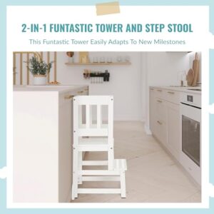 Dream On Me 2-in-1 Funtastic Tower and Step Stool, Easy to Assemble, Multi-Purpose Stool with Non-Toxic Paint Finish, Made of Solid Pinewood, White