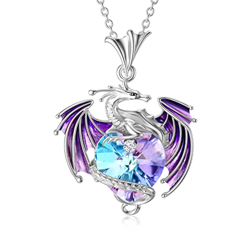 Dragon Necklace Sterling Silver Purple Wyvern Necklace with Heart Shaped Crystal Jewelry Gift for Women