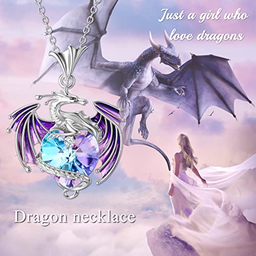 Dragon Necklace Sterling Silver Purple Wyvern Necklace with Heart Shaped Crystal Jewelry Gift for Women