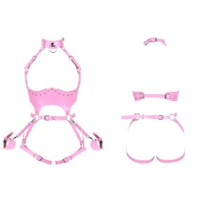 Waist Garter belt Punk Full body harness for women Photography Dance Rock Halloween Leather cage Chest strap set (Pink)