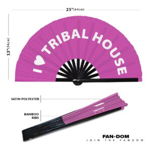 I Love Tribal House Hand Fan Foldable Bamboo Circuit Rave Hand Fans Heart Music Genre Rave Parties Gifts Festival Accessories (Pink)