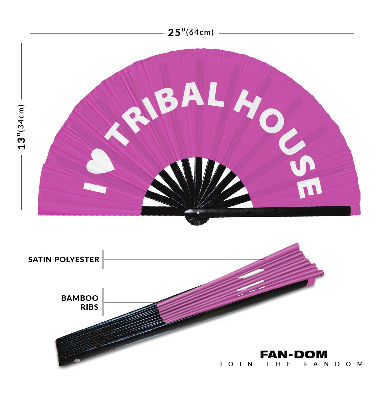 I Love Tribal House Hand Fan Foldable Bamboo Circuit Rave Hand Fans Heart Music Genre Rave Parties Gifts Festival Accessories (Pink)