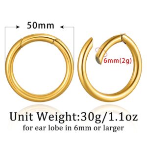 Earblity 2PCS 50mm Big Hoop Ear Hangers Weights For Stretching Ear Lobe Gold 316 Stainless Steel Piercing Ear Gauges Tunnels Earrings Stretcher Ear Plugs Body Jewelry