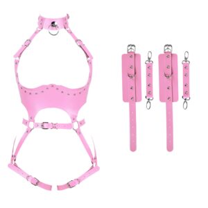 Waist Garter belt Punk Full body harness for women Photography Dance Rock Halloween Leather cage Chest strap set (Pink)