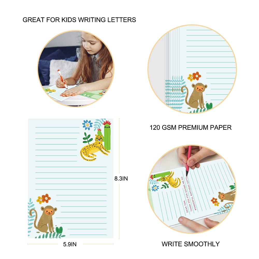 Paper Master Lined Stationary Paper and Envelopes Set for Kids Safari Animal Stationary Set with Lined Letter Writing Paper 30 Sheets + 20 Envelopes, 8.3 x 5.9 Inch of Each Stationary Paper