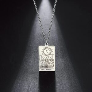 TEAMER Stainless Steel Tarot Cards Necklace Vintage Tarot Jewelry Good Luck Amulet Pendants for Women (Silver-THE MOON)