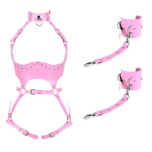 Waist Garter belt Punk Full body harness for women Photography Dance Rock Halloween Leather cage Chest strap set (Pink)