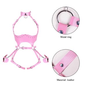 Waist Garter belt Punk Full body harness for women Photography Dance Rock Halloween Leather cage Chest strap set (Pink)