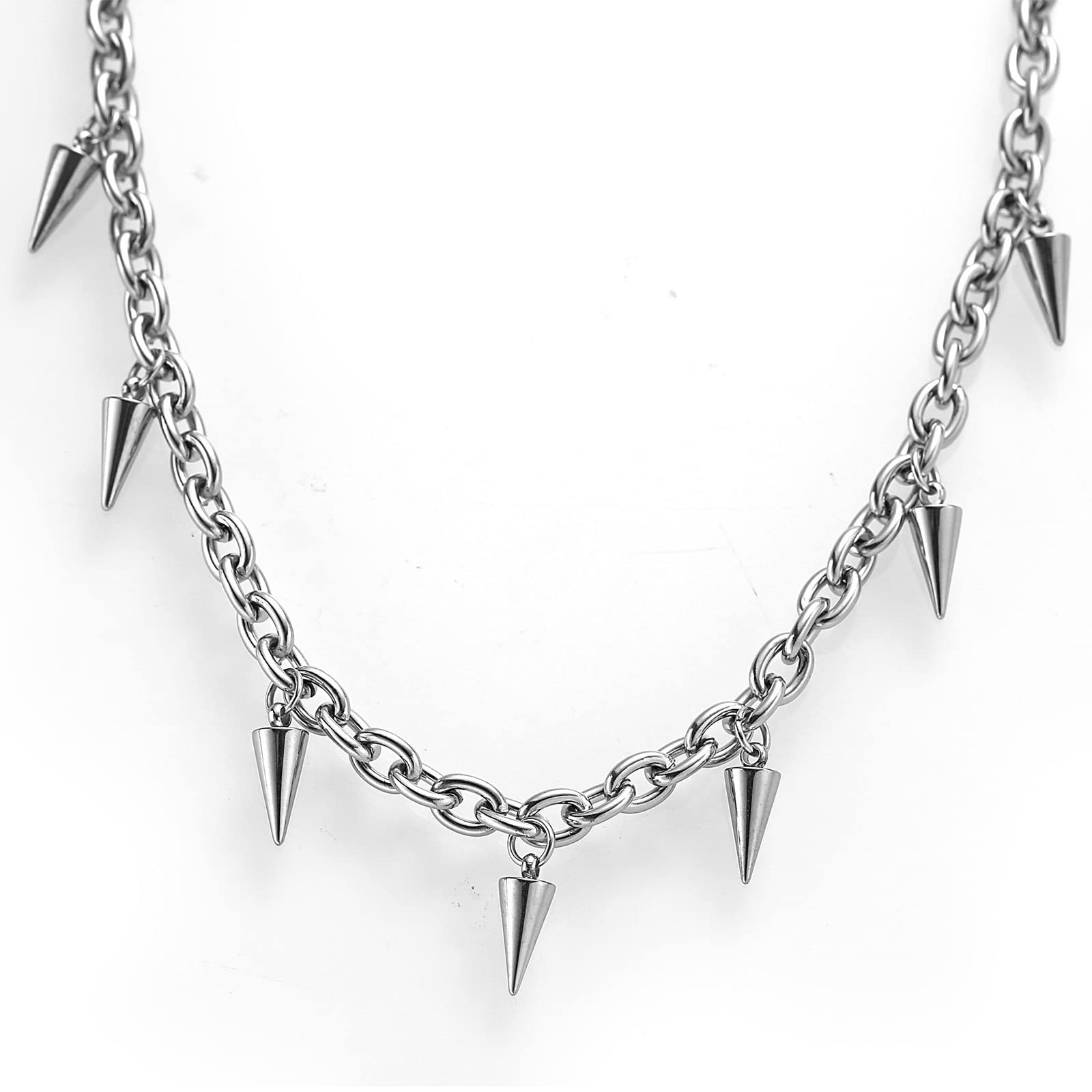 Tosmifairy Stainless Steel Chain Necklace with 7pcs Spikes Punk Rock Goth Y2K Jewelry Choker for Women Men