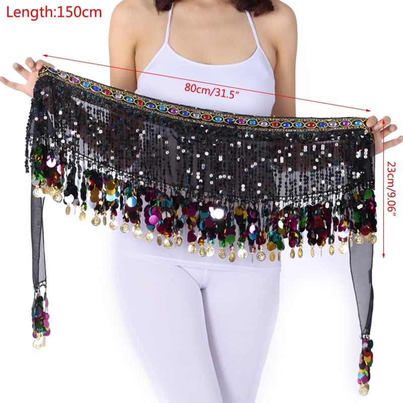 Belly Dance Hip Scarf Black for Women Dancing Costume Coin Belt Skirt (Black) One Size