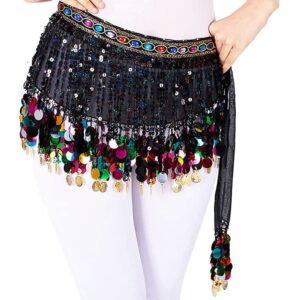 belly dance hip scarf black for women dancing costume coin belt skirt (black) one size